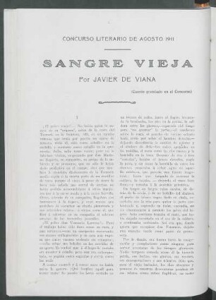 Concurso Literario de Agosto 1911 : Sangre vieja (Cuento premiado en el Concurso)