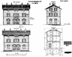 Jagstzell: Empfangsgebäude Verwaltungsgebäude Querschnitt,Giebel- und Längsansichten