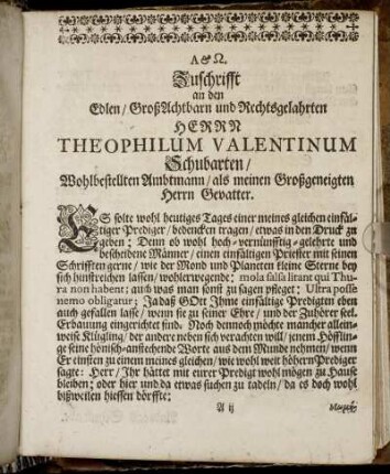 Zuschrifft and Edlen/ [...] Herrn Theophilum Valentinum Schubarten/ [...]