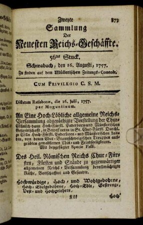 56tes Stuck. Schwabach, den 16. Augusti, 1757.