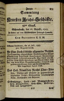 56tes Stuck. Schwabach, den 16. Augusti, 1757.