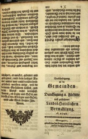 Von Gottes Gnaden Carl, Hertzog zu Würtemberg und Teck, Graf zu Mömpelgart, Herr zu Heydenheim, [et]c. Ritter des goldenen Vliesses, und des Löbl. Schwäbischen Creyses General Feld-Marechal, &c. Unsern Gruß zuvor, Ehrsamer, Lieber Getreuer. Mit der Hülffe des Allmächtigen sind Wir entschlossen, Unser mit der Durchlauchtigsten Prinzeßin, Elisabetha Friderica Sophia, von Brandenburg Culmbach, vor einigen Jahren verabredete Ehe-Verlöbniß in den nächsten Tagen, zu Bayreuth, unter Priesterlicher Einsegnung, zu vollziehen ...