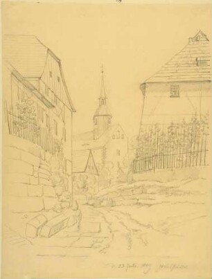 Stadt Wehlen in der Sächsischen Schweiz mit der alten Kirche (1883 Abriss)