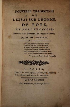 Nouvelle traduction de l'essai sur l'homme, de Alex. Pope en vers François