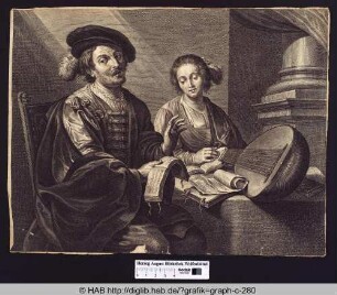 Musiker und eine Frau, Notenhefte haltend, an einem Tisch mit weiteren Notenblättern und einer Laute