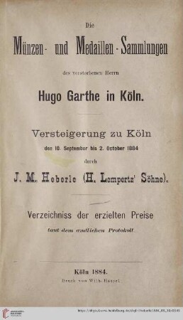 Verzeichnis der erzielten Preise laut dem amtlichen Protokoll