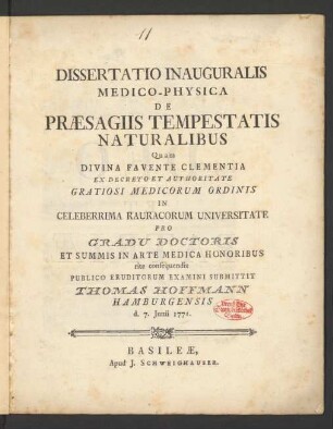 Dissertatio Inauguralis Medico-Physica De Præsagiis Tempestatis Naturalibus