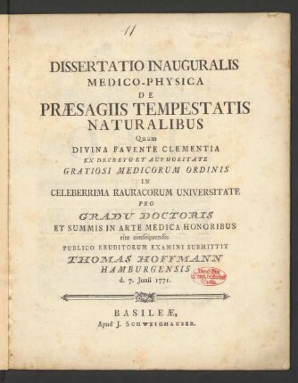 Dissertatio Inauguralis Medico-Physica De Præsagiis Tempestatis Naturalibus