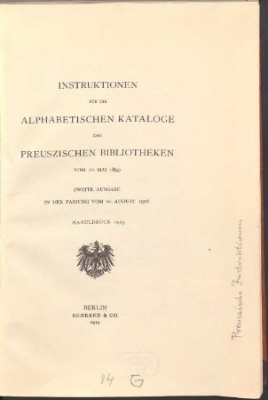 Instruktionen für die alphabetischen Kataloge der Preuszischen Bibliotheken vom 10. Mai 1899
