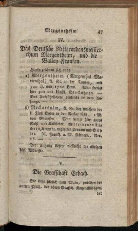 IV. Das Deutsche Ritterordensmeisterthum Mergentheim, und die Balley Franken.