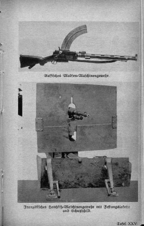 Tafel XXV. Französisches Hotchkiß=Maschinengewehr mit Festungslafette und Schutzschild.