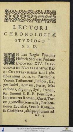 LECTORI CHRONOLOGIÆ STUDIOSO SALUTEM PLURIMUM DICO