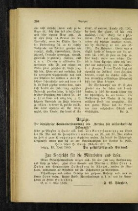 Anzeige : die diesjährige Generalversammlung des "Vereins für wissenschaftliche Pädagogik"