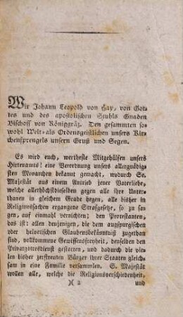 Circularschreiben des Herrn von Hay, Bischoffs zu Königgrätz an die Geistlichkeit seiner Diöces über die Toleranz : Vom 20. Nov. 1781 ; aus dem Lateinischen ins Teutsche übersetzt