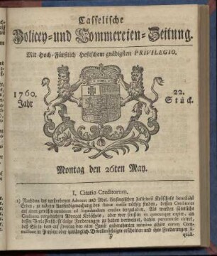22. Stueck, Montag den 26ten May 1760