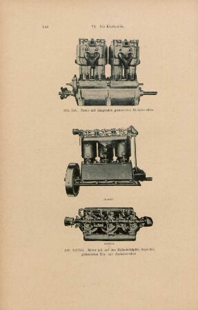 Abb. 141. Motor mit hängenden gesteuerten Einlaßventilen. Abb. 142/143. Motor mit auf dem Zylinderköpfen liegenden gesteuerten Ein- und Auslaßventilen
