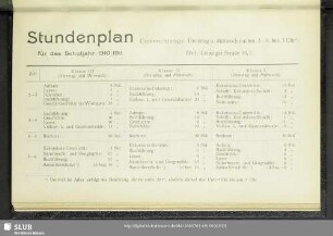 Stundenplan für das Schuljahr 1910/1911