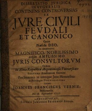 Dissertatio Iuridica Inauguralis Continens Controversias Ex Iure Civili Feudali Et Canonico
