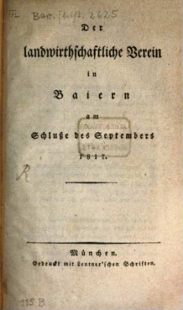 Der Landwirthschaftliche Verein in Baiern : am Schluße d. Septembers .... 1817