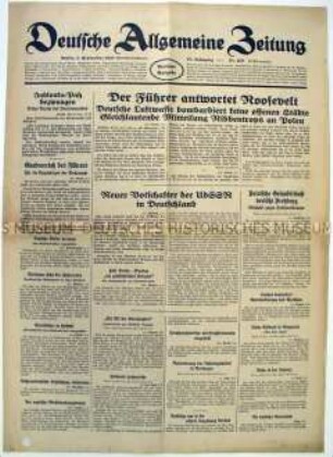 Tageszeitung "Deutsche Allgemeine Zeitung" u.a. zur Reaktion des Auslandes auf den deutschen Überfall auf Polen