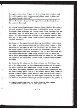 Zu organisatorischen Fragen der Forschung der Arbeits- und Lebensbedingungen der Genossenschaftsbäuerinnen im Institut für Agrarökonomik Leipzig