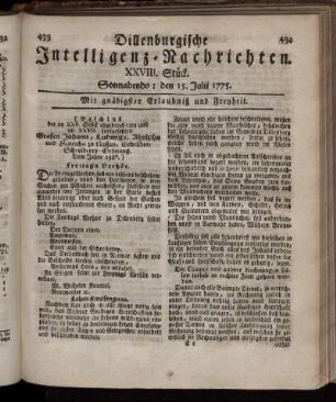 Sonnabends: den 15. Julii 1775.