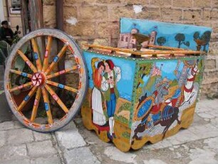 Palermo, Altstadt. Naive Malerei auf Gegenständen mit historischen und bäuerlichen Szenen