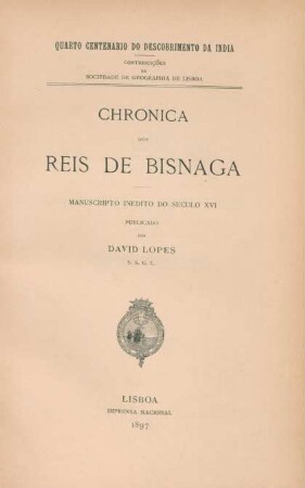 Chronica dos reis de Bisnaga : manuscripto inedito do seculo XVI