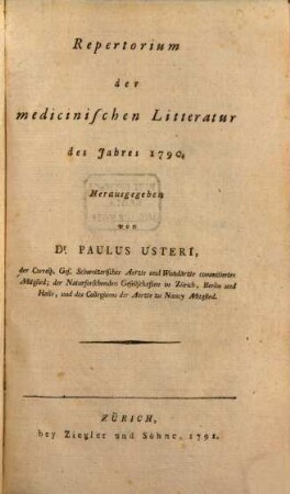 Repertorium der medicinischen Litteratur : des Jahres .... 1790, 1790