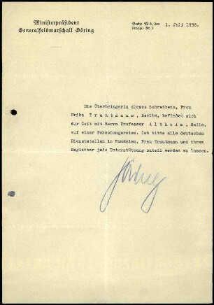 Schreiben des Ministerpräsidenten H. Göring