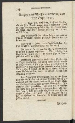 Auszug eines Briefs aus Mainz vom 16ten Sept. 1780
