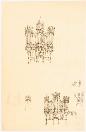 Orgelprospekte: Zwei Ansichten Orgelaufsätze mit Gesprenge, Detailskizzen