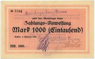 Geldschein / Notgeld, 1.000 Mark, 3.2.1923