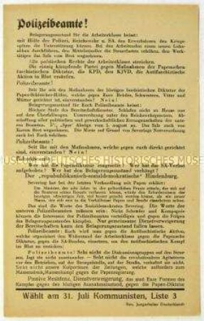 Aufruf der Revolutionären Jungarbeiter an Polizisten zur Wahl der KPD in den Reichstag am 31. Juli 1932