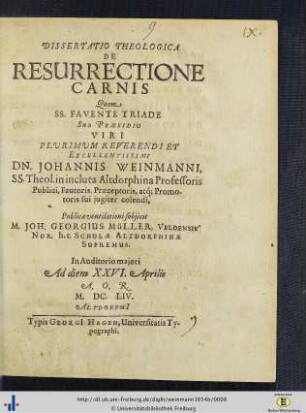 Dissertatio Theologica De Resurrectione Carnis
