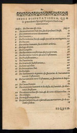 Index Disputationum, Quae in praecedente Synopsi Corporis Doctrinae continentur.