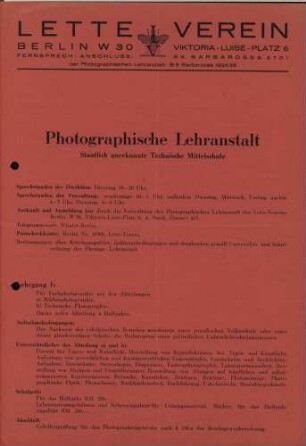 Prospekt der Photographischen Lehranstalt im Lette-Verein