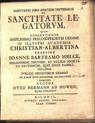 Dispvtatio Ivris Gentivm Vniversalis De Sanctitate Legatorvm