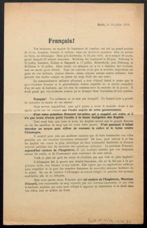Francais! Vos aviateurs, au moyen de lancement de bombes, ont tué un grand nombre de civils, hommes, femmes et enfants, dans ces dernières semaines, bien en arrière du front, en Allemagne ... : Berlin, le 26 juillet 1916