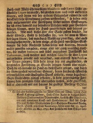Kurtze Nachricht von den milden Stifftungen bey dem Hoch-Fürstl. Lyceo zu Meiningen : aus authentischen Urkunden entworffen, [2]. Erste Fortsetzung