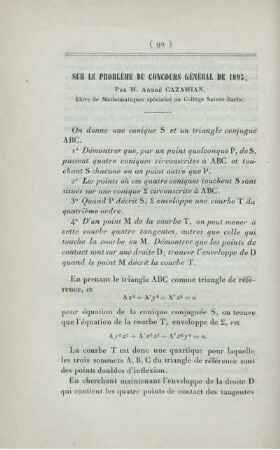 Sur le problème du concours général de 1893.