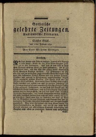 Sechstes Stück, den 11ten Februar 1792.