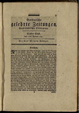 Sechstes Stück, den 11ten Februar 1792.