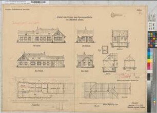 Entwurf zum Neubau eines Empfangsgebäudes [Bahnhof] der Haltestelle Sinsen, Blatt~1: Grundriß, Ansichten, Schnitte, Sparrenlage [mit Korrekturen], M.~1:100 Hge, Sknr.: 2, Fanr.: 4, Bunr.: 1