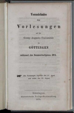 SS 1875: Verzeichnis der Vorlesungen // Georg-August-Universität Göttingen