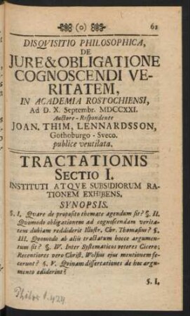 Tractationis Sectio I. Instituti Atque Subsidiorum Rationem Exhibens. Synopsis.