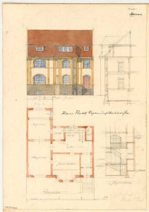Einfamilienhaus Monatskonkurrenz Dezember 1905: Grundriss Erdgeschoss, Aufriss Vorderansicht, 2 Teilquerschnitte; Maßstabsleiste