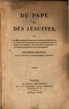 Du Pape et des Jesuites