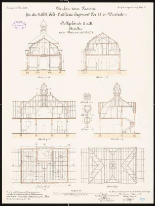 Artilleriekaserne II/27, Wiesbaden: Stall I - Mittelbau mit Uhrturm: Grundriss Dachgeschoss, Sparrenlage, Längsschnitt, Querschnitte 1:100