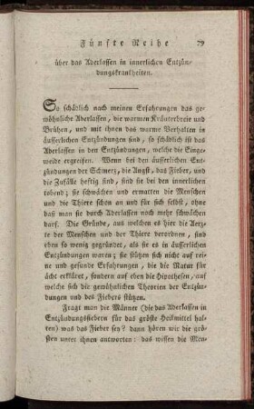 Fünfte Reihe. Über das Aderlassen in innerlichen Entzündungskrankheiten.